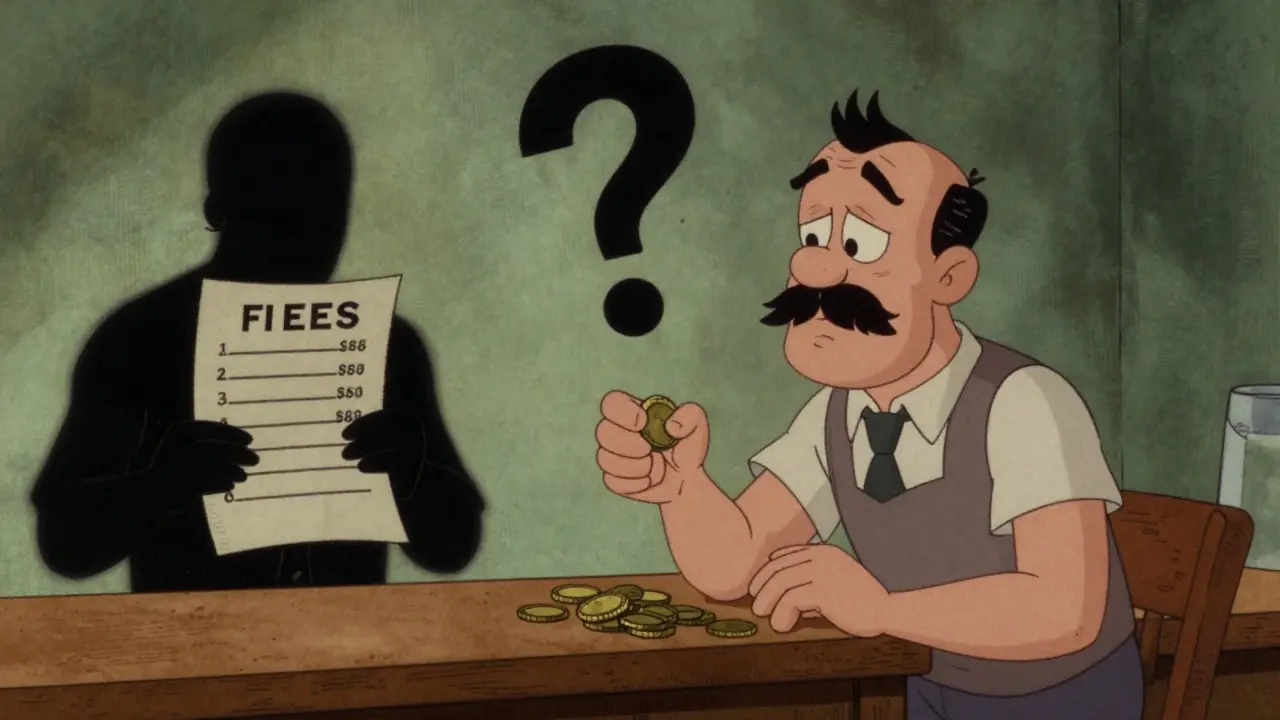 Trader facing hidden fees at dark counter, cartoon