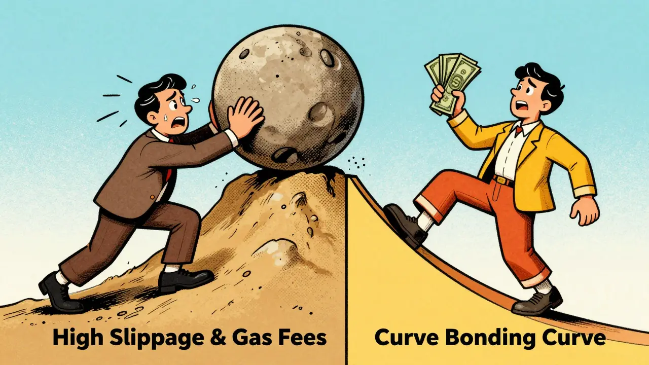 Vintage cartoon comparing high slippage stress vs Curve ease