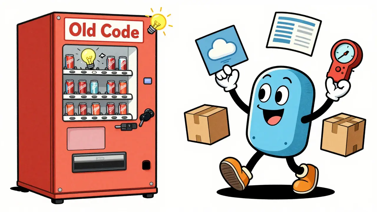 Vintage cartoon comparing static vending machine vs agile AI agent