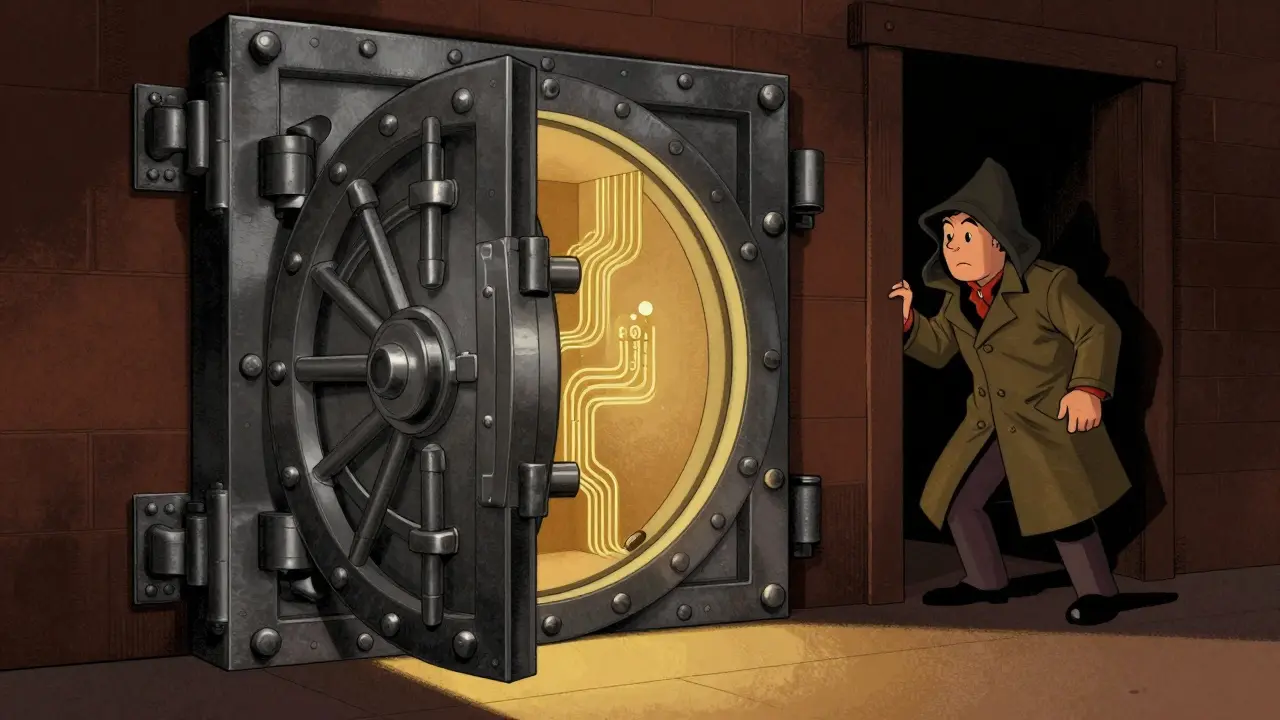 Vintage cartoon of a secure iron vault protecting data from an outside hacker figure