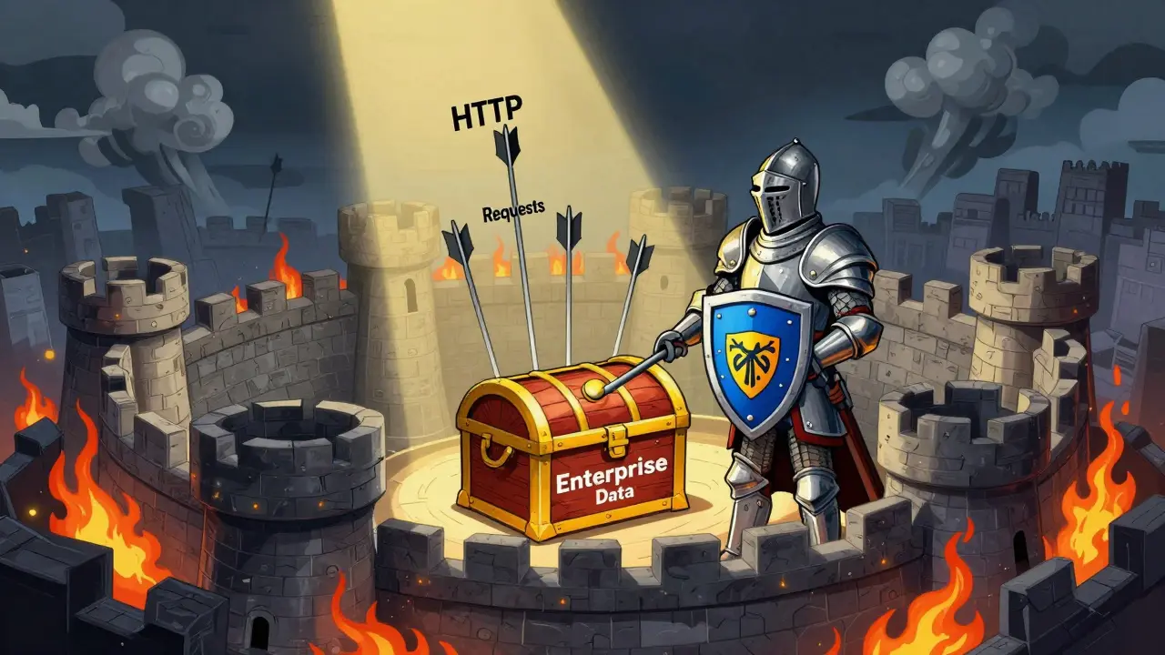 Vintage cartoon of IT security defending data with firewalls and patches