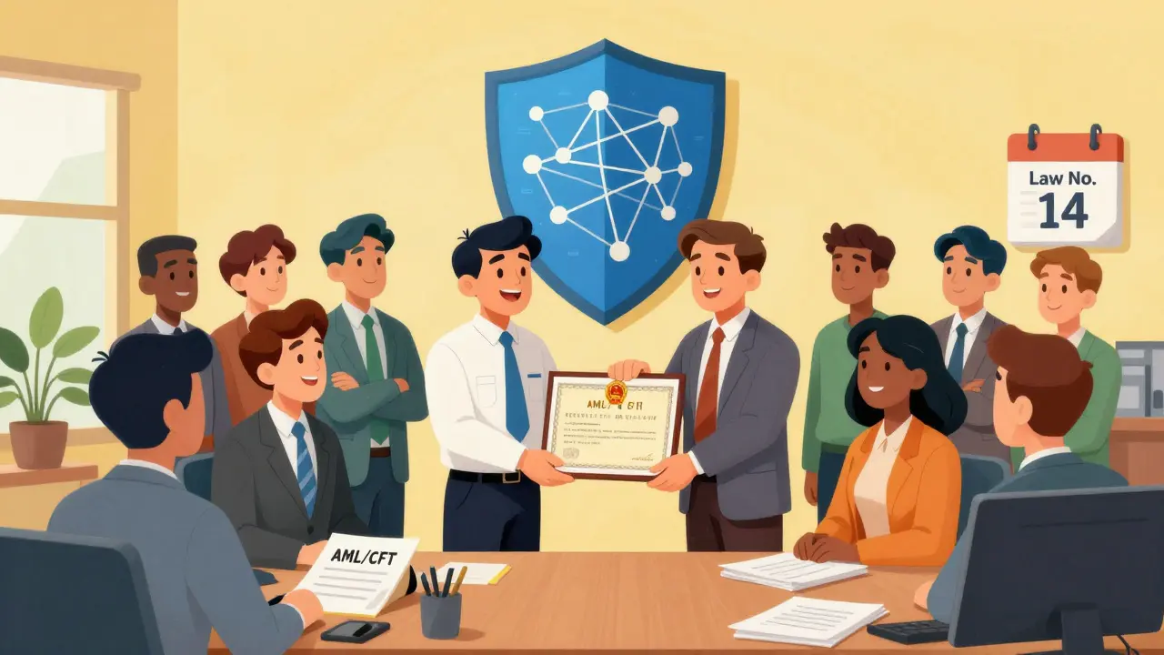 Vintage cartoon of JSC issuing licenses to compliant businesses