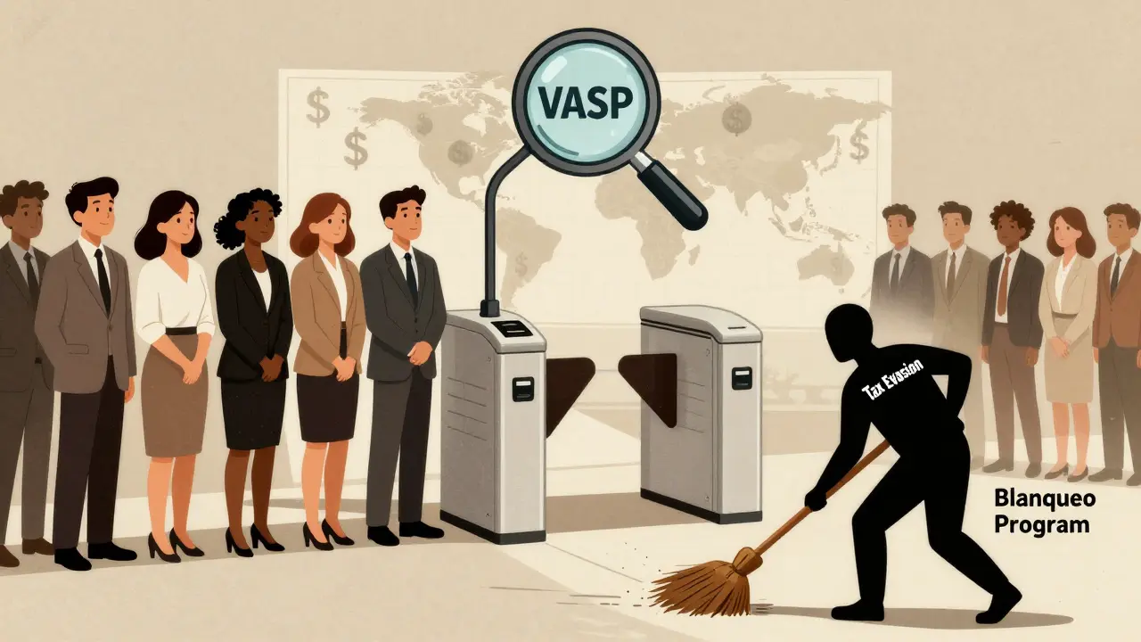 Vintage cartoon of people passing through VASP security gates while tax evasion is swept away