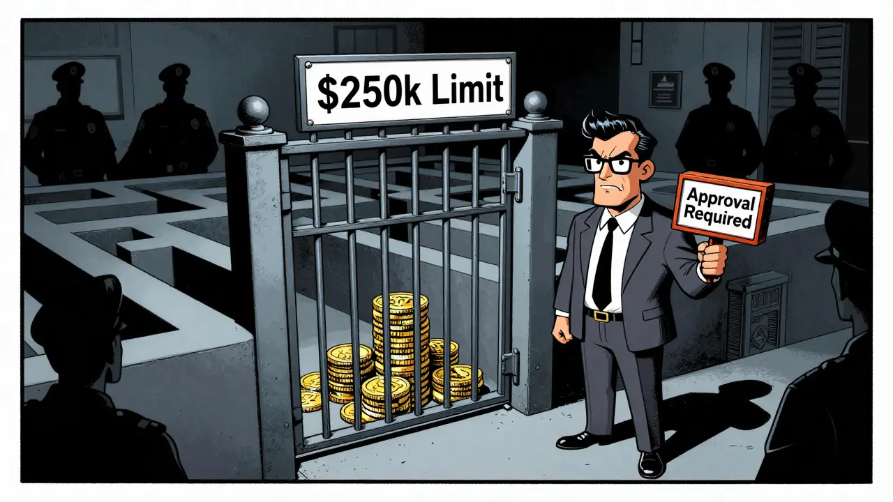 Vintage cartoon showing bureaucratic hurdles for crypto transfers