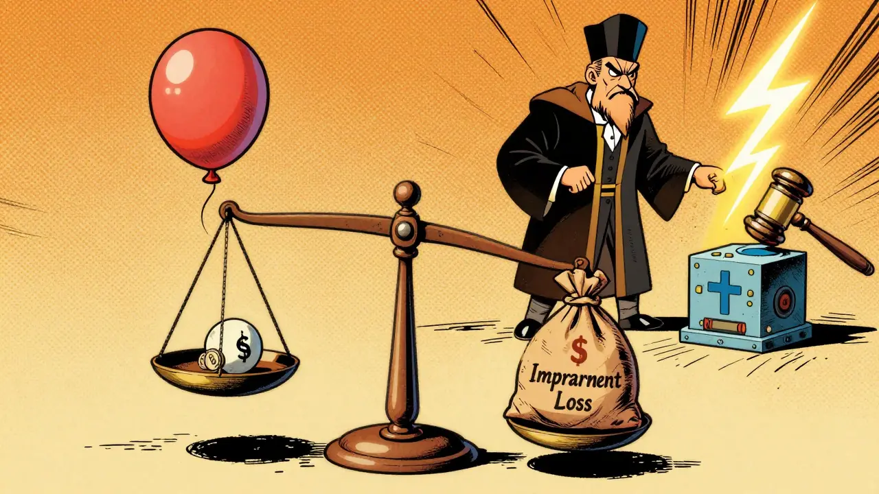 Vintage cartoon showing risks of impermanent loss and slashing in crypto investments