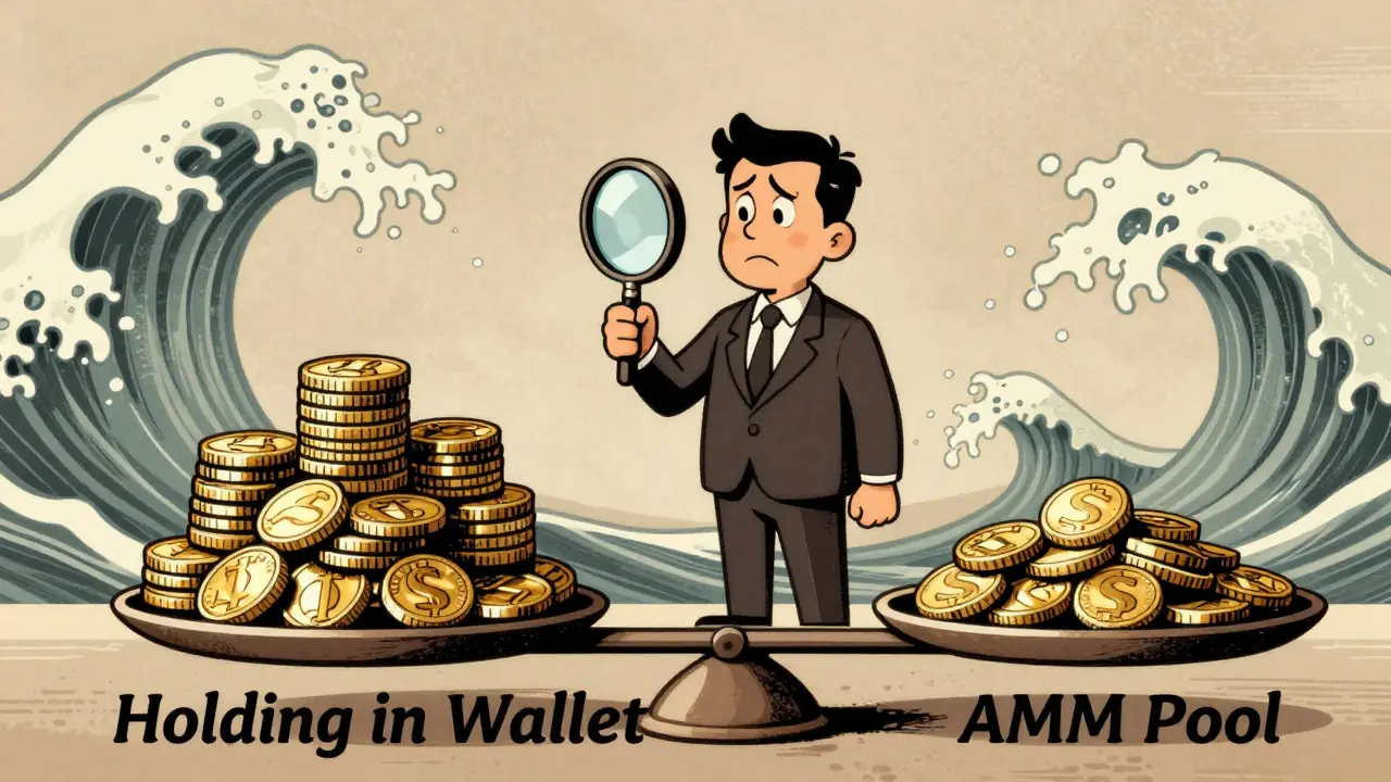Vintage cartoon showing scales comparing wallet holding vs AMM pool with impermanent loss.