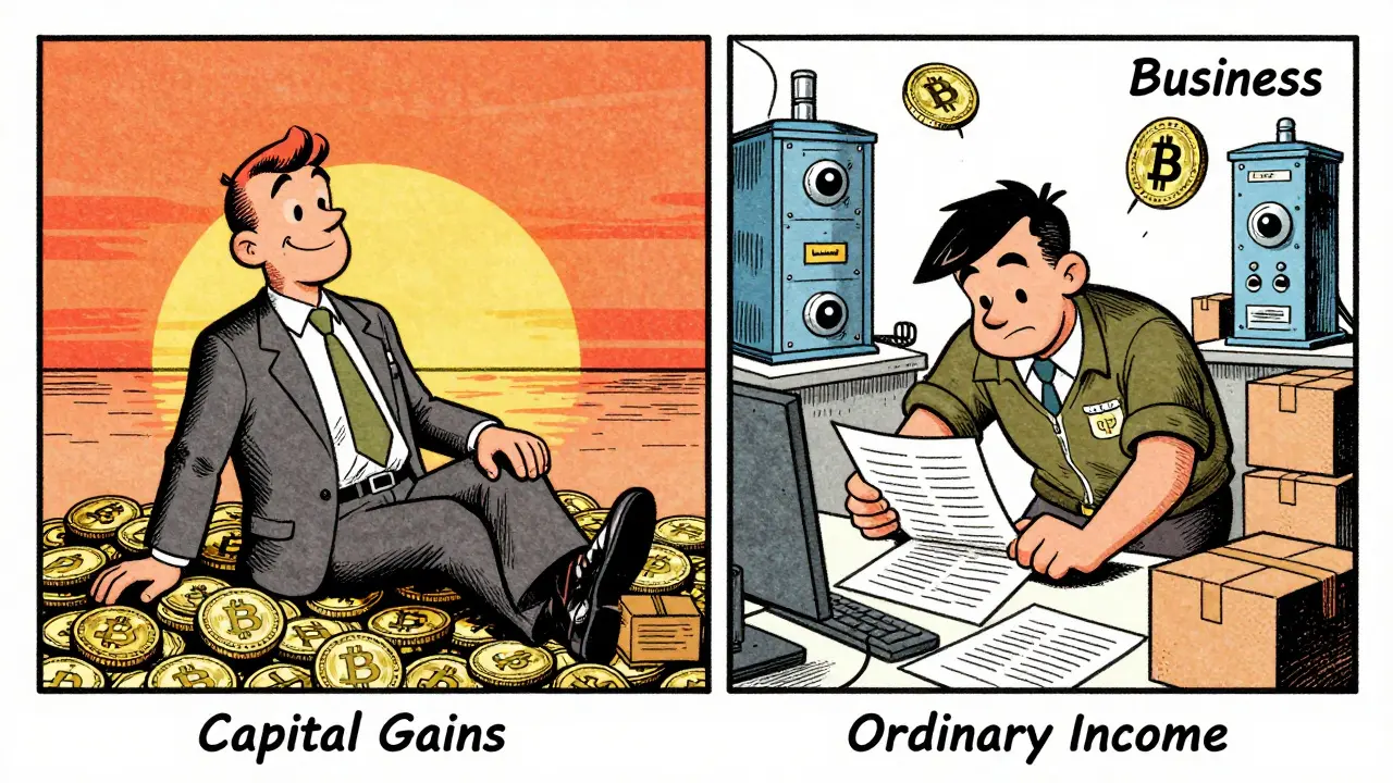 Vintage comic comparing investment vs business crypto tax treatments