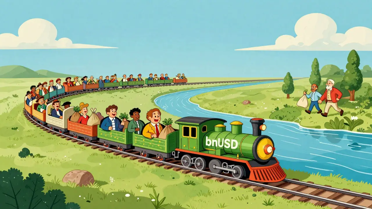 Vintage illustration of a bnUSD train traveling across different blockchain landscapes for cross-chain use.