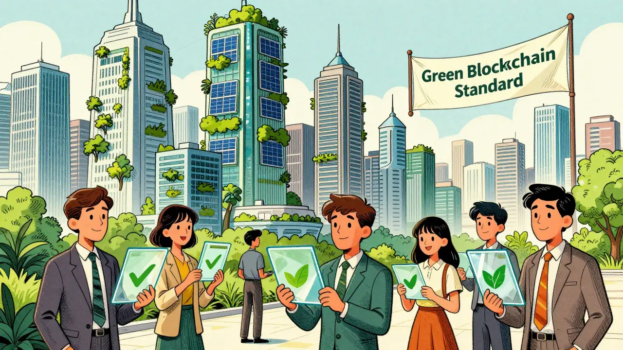 Vintage illustration of people using green tech in a nature-integrated city.