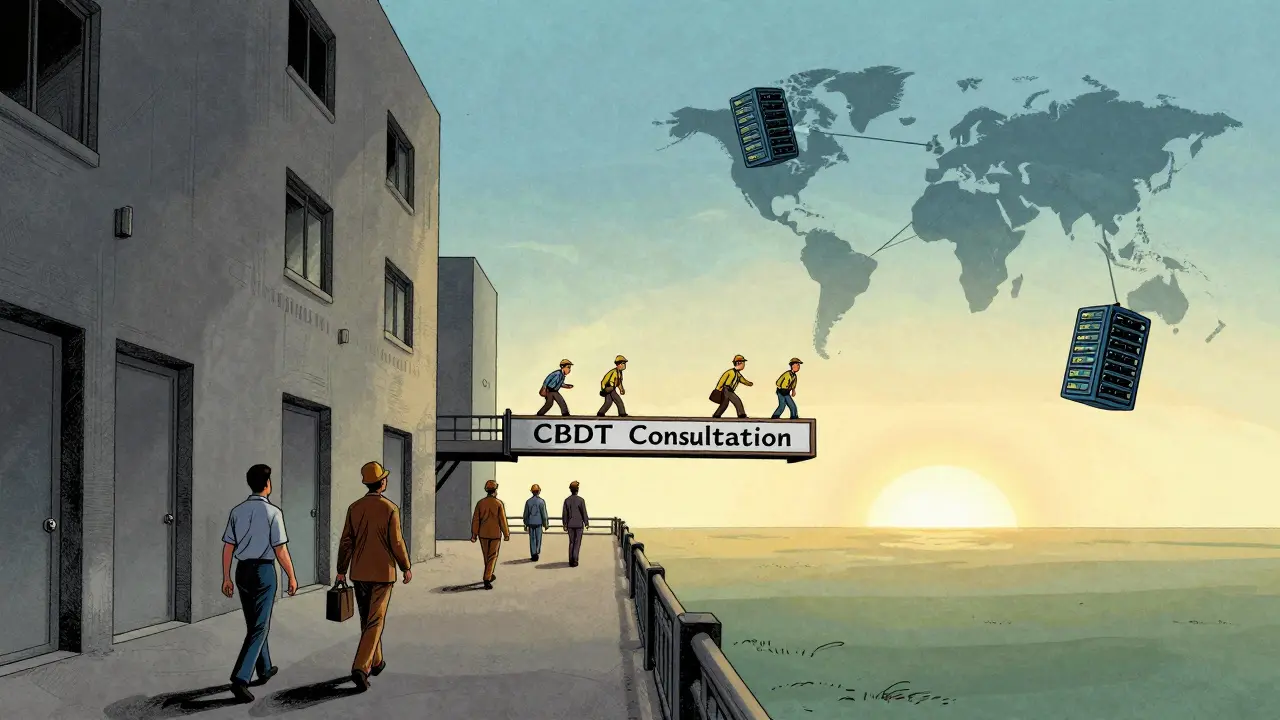 Vintage illustration showing traders moving offshore while regulators build a bridge.