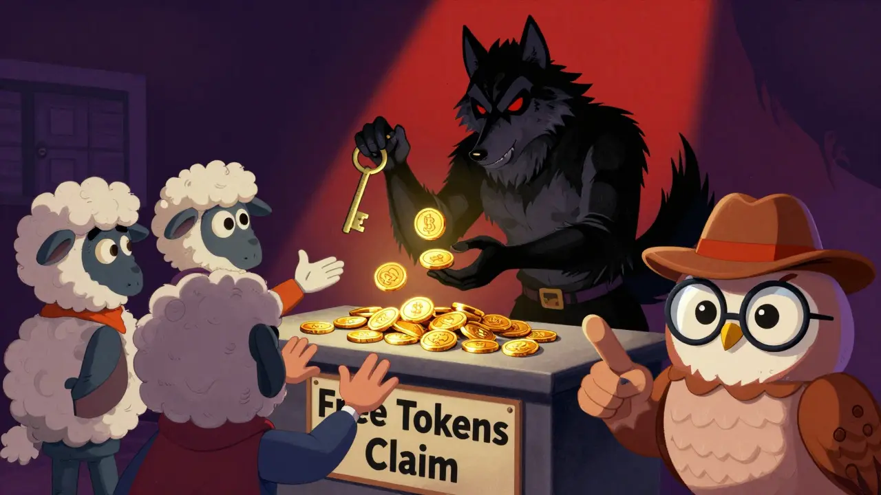Wolf scammer offering fake coins while hiding seed phrase key