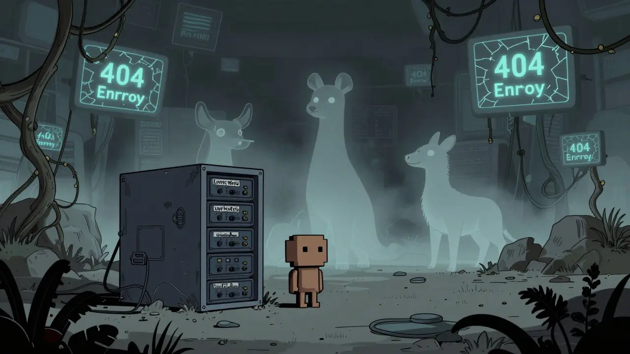 Abandoned metaverse world with fading NFTs in retro illustration style