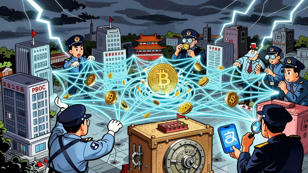 Cartoon agencies trapping crypto coins in a surveillance net