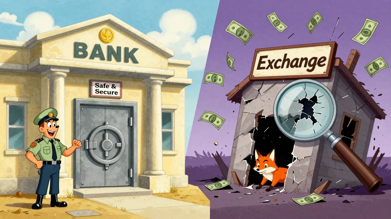 Cartoon comparing a secure bank to a crumbling, risky shack