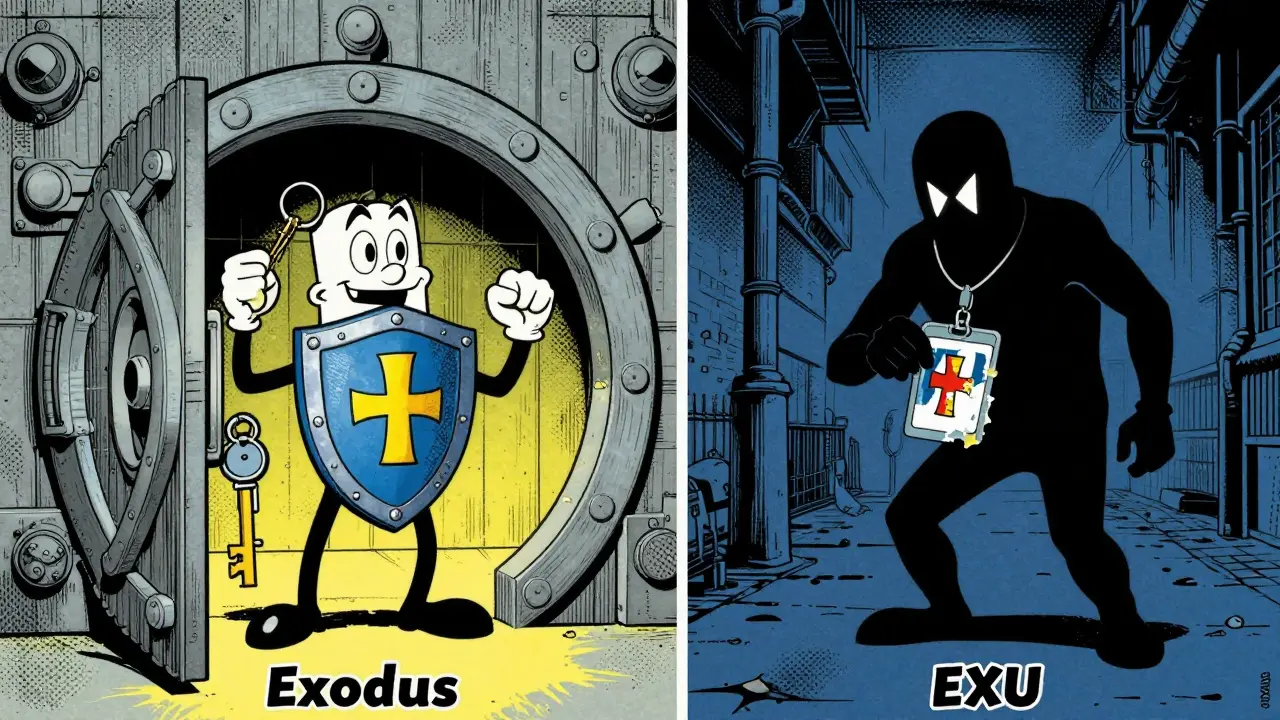 Cartoon comparing safe Exodus wallet vs risky EXU scam