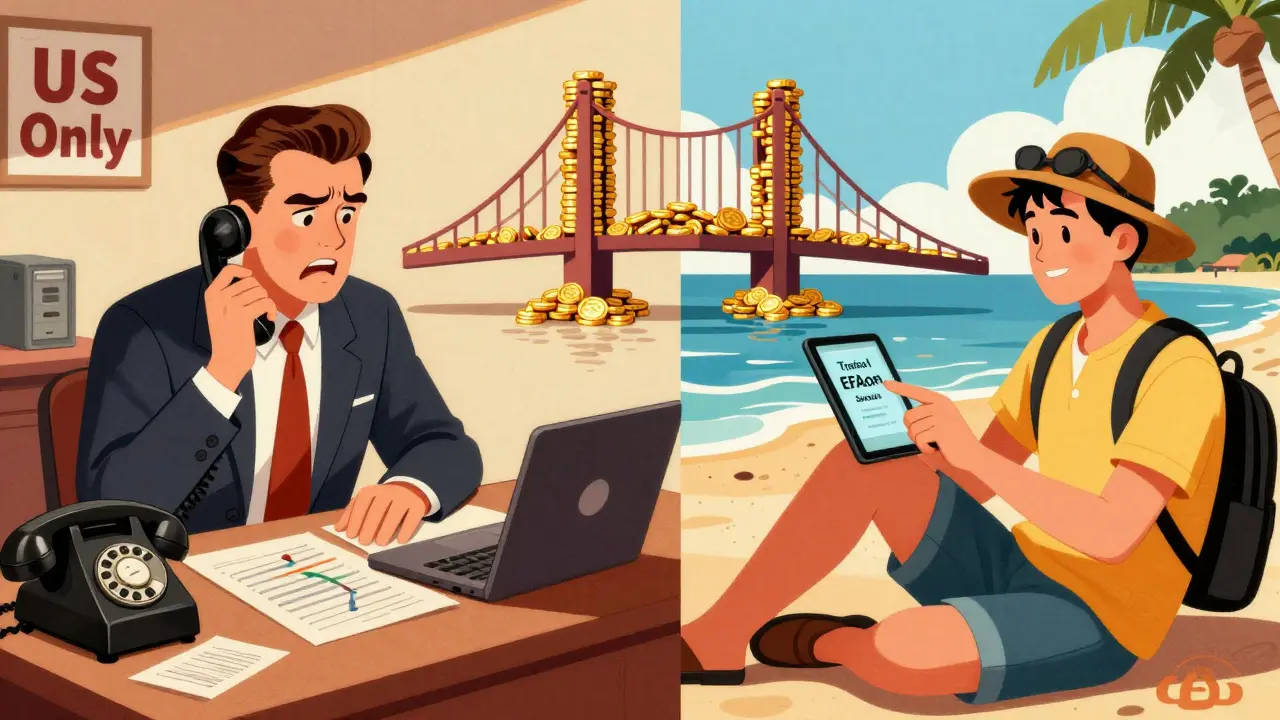 Cartoon contrast: frustrated US broker vs relaxed global trader using EFAon.