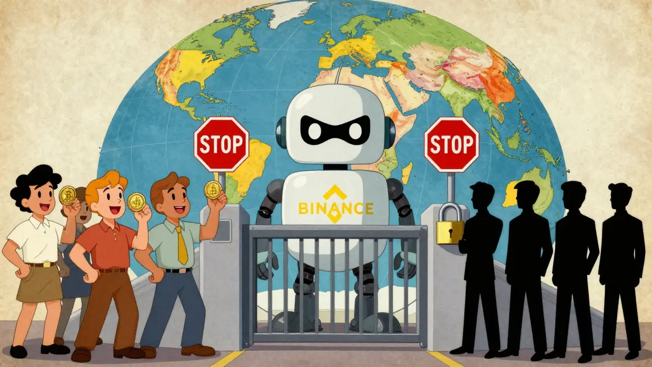 Cartoon robot blocks traders at a gate while others trade freely in vintage style
