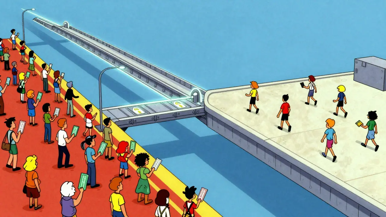 Cartoon showing users moving from congested Ethereum to fast Moonbeam via bridge