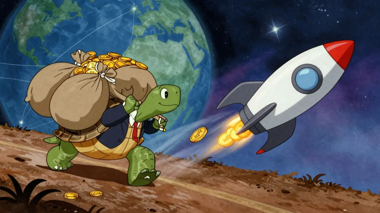 Cartoon turtle carrying gold vs rocket ship with digital coins showing speed difference