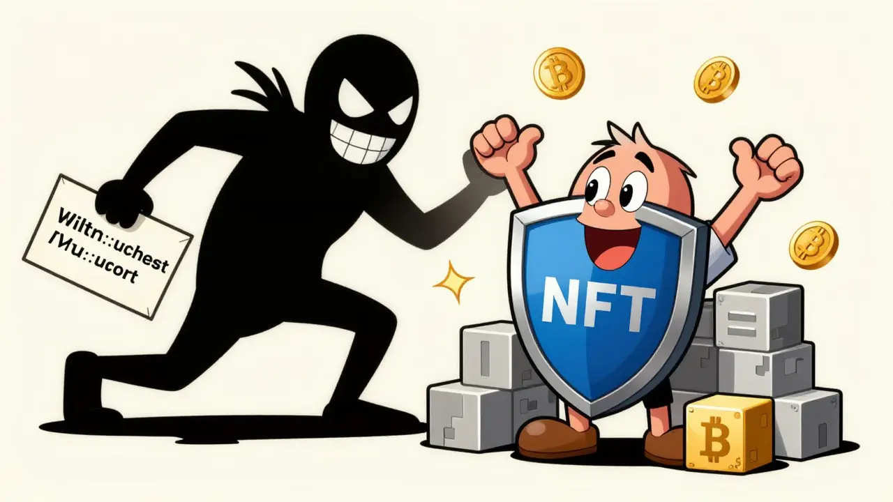 Cartoon warning scene: a scammer lurking near a player with their NFT loot.