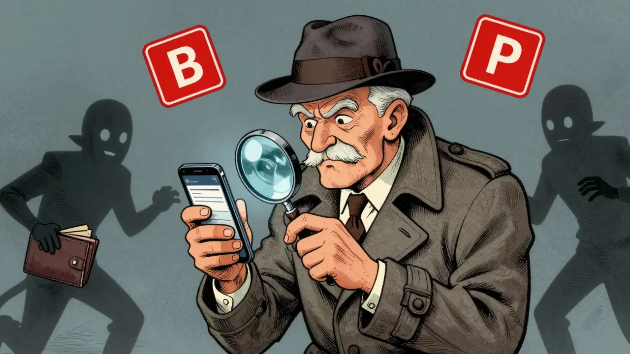 Detective character inspecting phone for scams while shadowy figures try to steal wallets