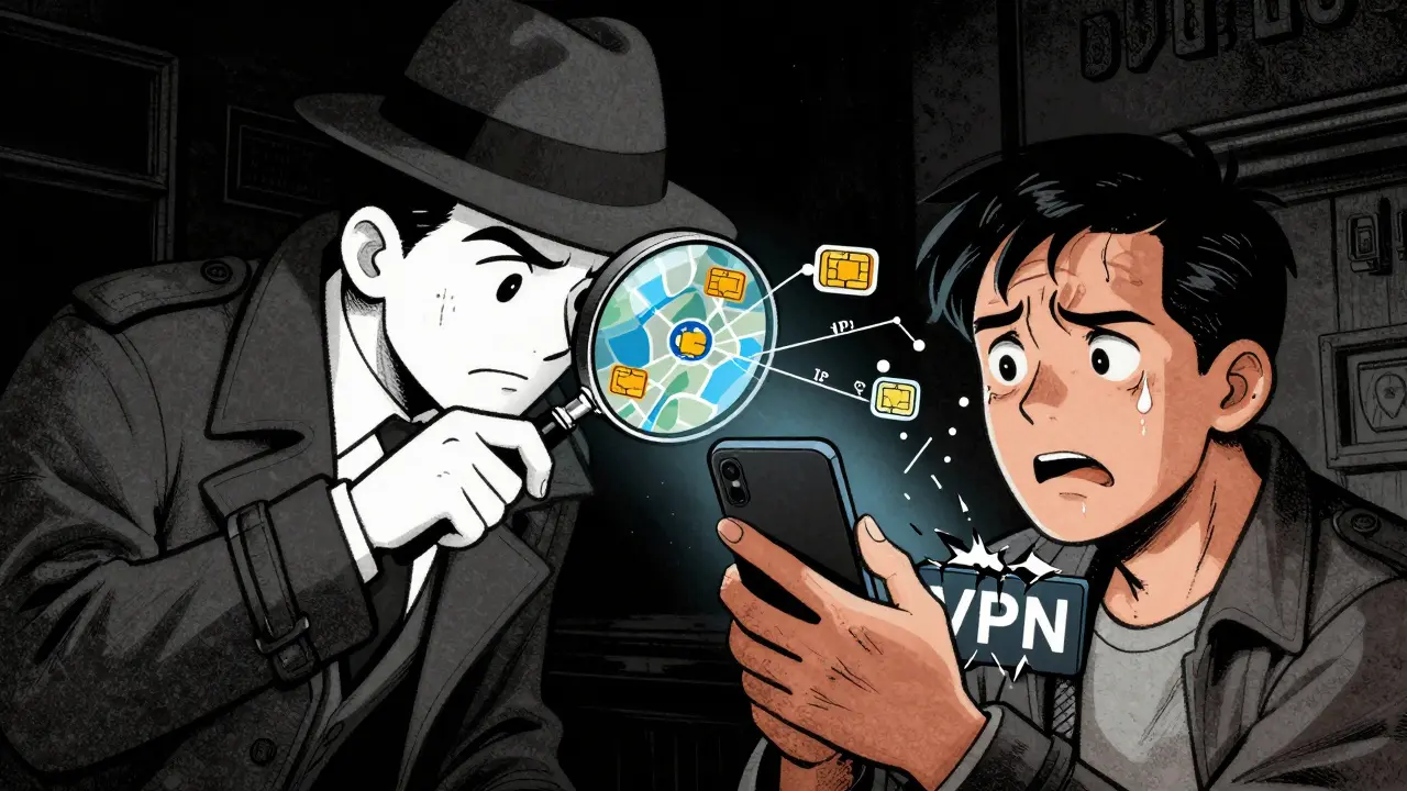 Detective character inspects phone for VPN usage revealing location data in cartoon