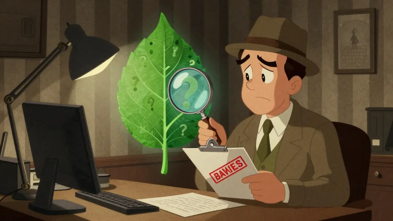 Detective inspecting a suspicious green leaf