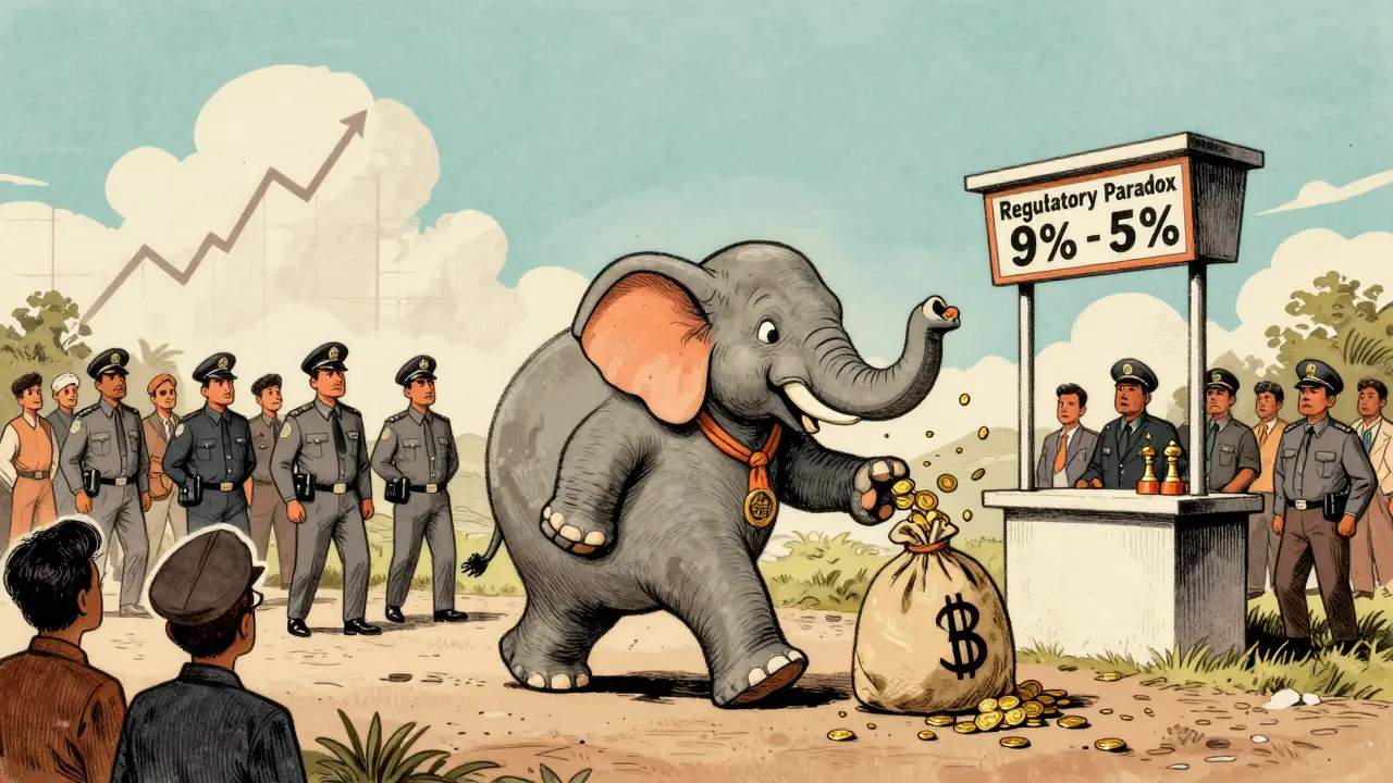 Elephant walking past tax toll booth with crypto bags in vintage political cartoon style.