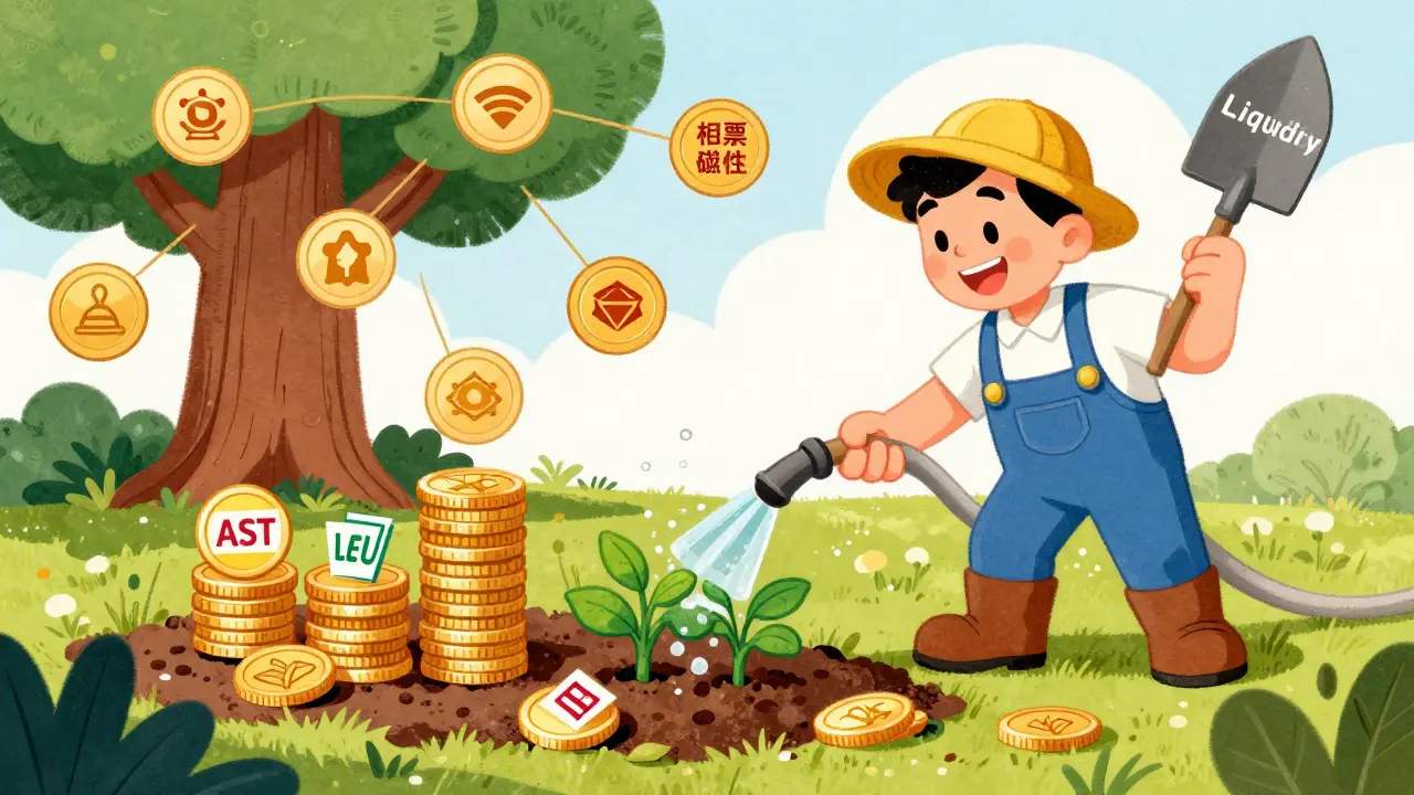 Farmer growing AST coin plants through staking and liquidity in vintage cartoon art