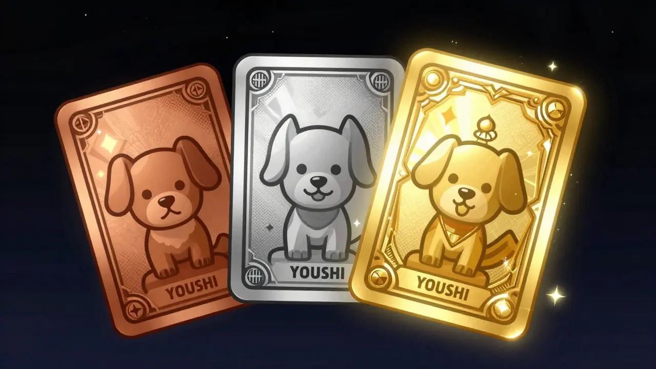 Floating Bronze, Silver, and Gold YOOSHI NFT cards showing rarity levels in vintage style