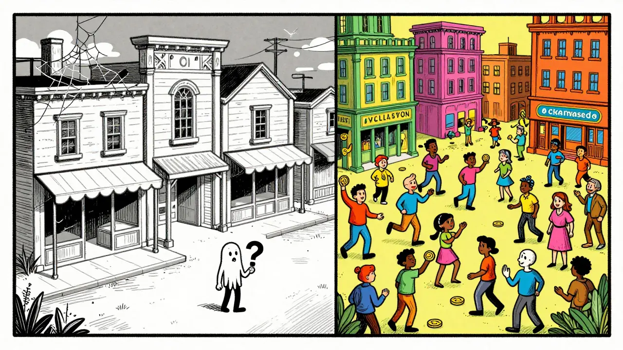 Ghost town vs busy market square comparing crypto exchange communities