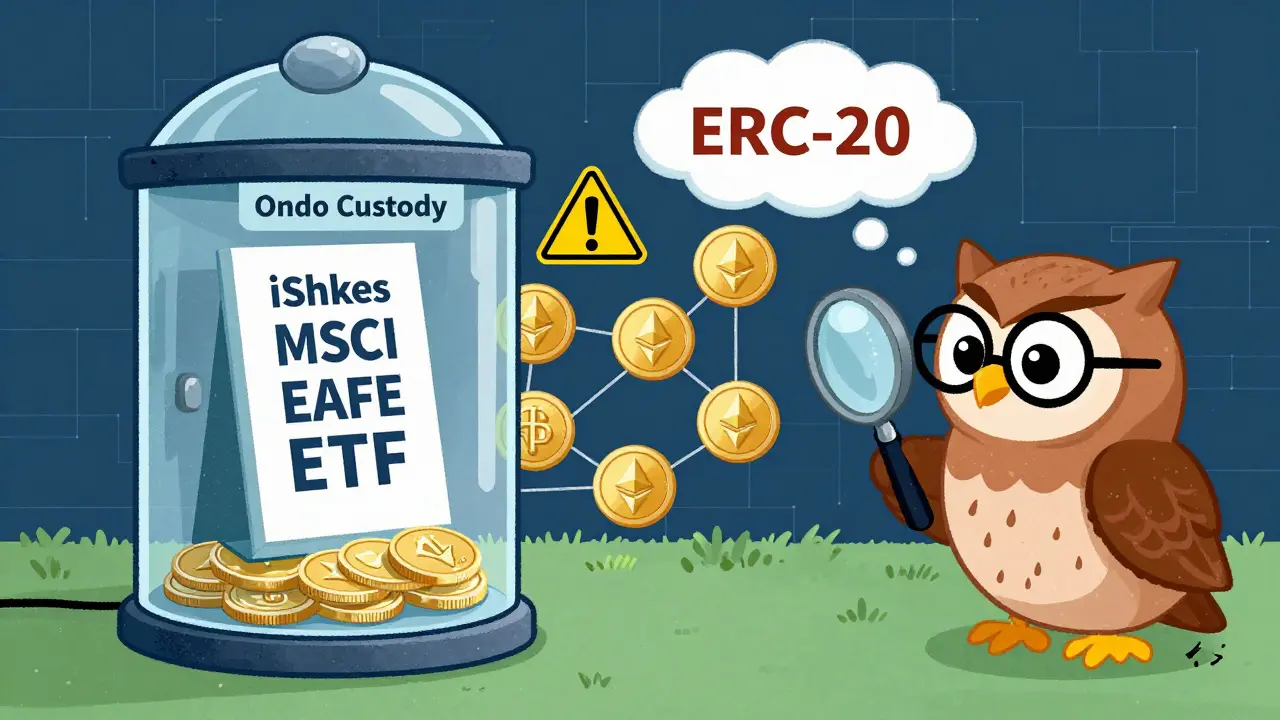 Glass vault holding ETF shares with floating digital tokens and risk warnings.