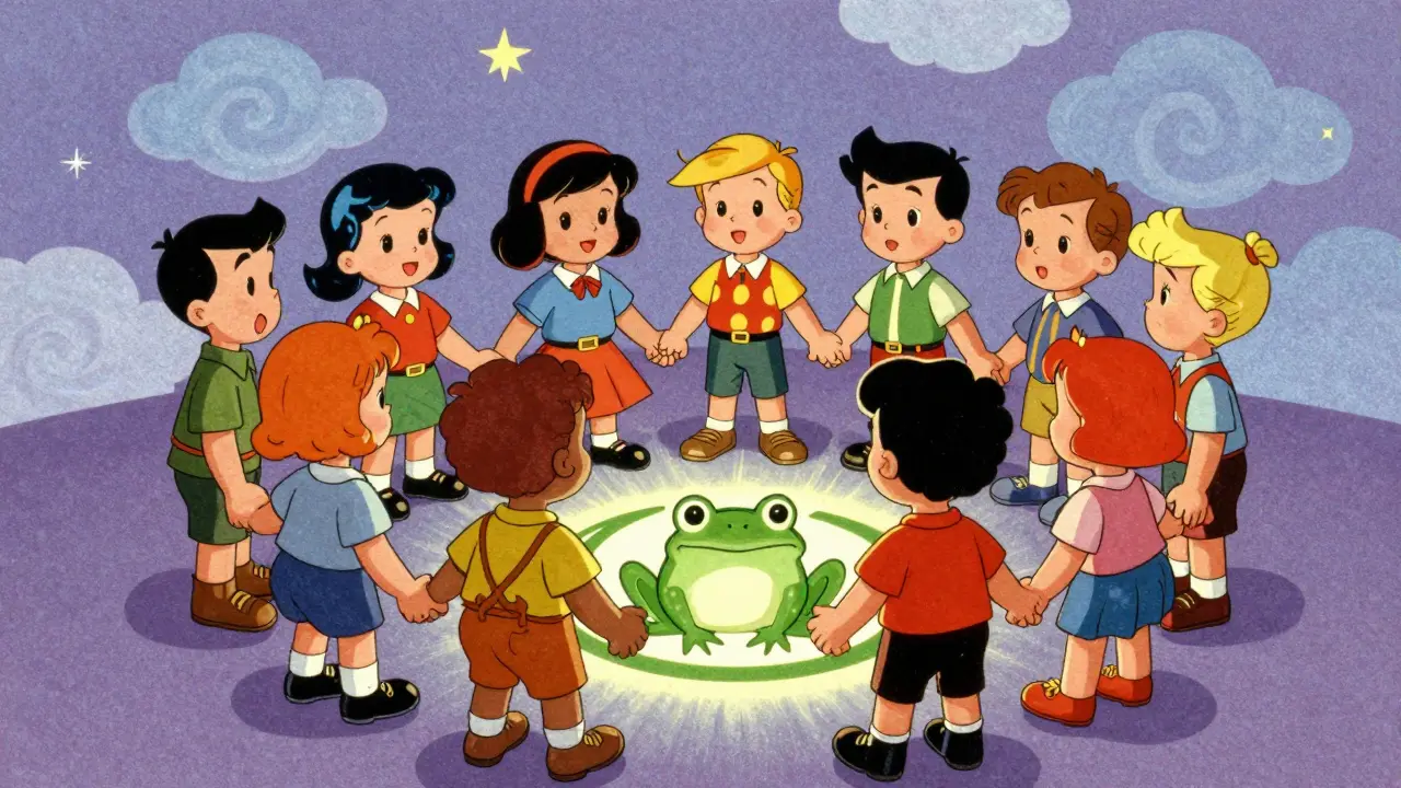 Group of people surrounding a glowing frog logo