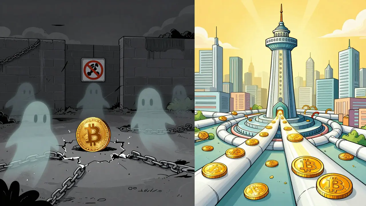 Illustration contrasting banned Bitcoin with state-controlled e-CNY
