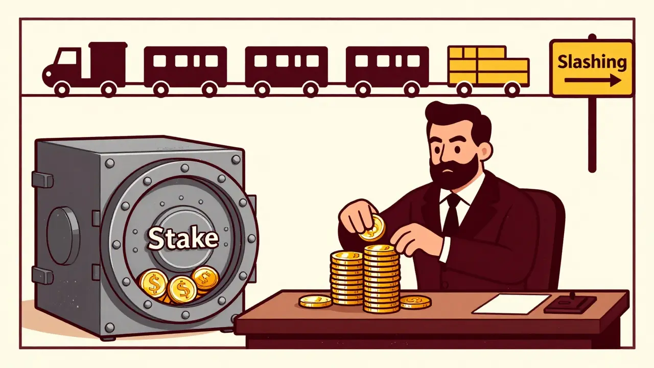 Illustration of a validator staking coins to secure the network