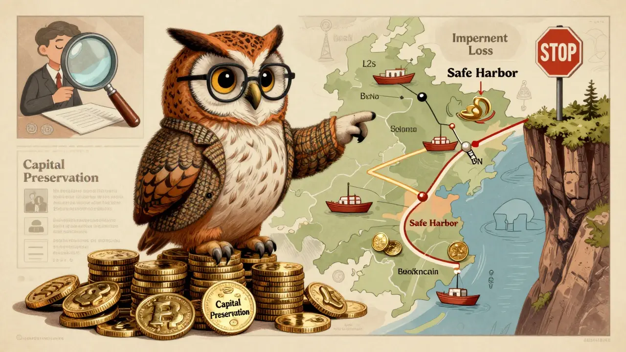 Illustration of a wise owl teaching capital preservation and cross-chain diversification.