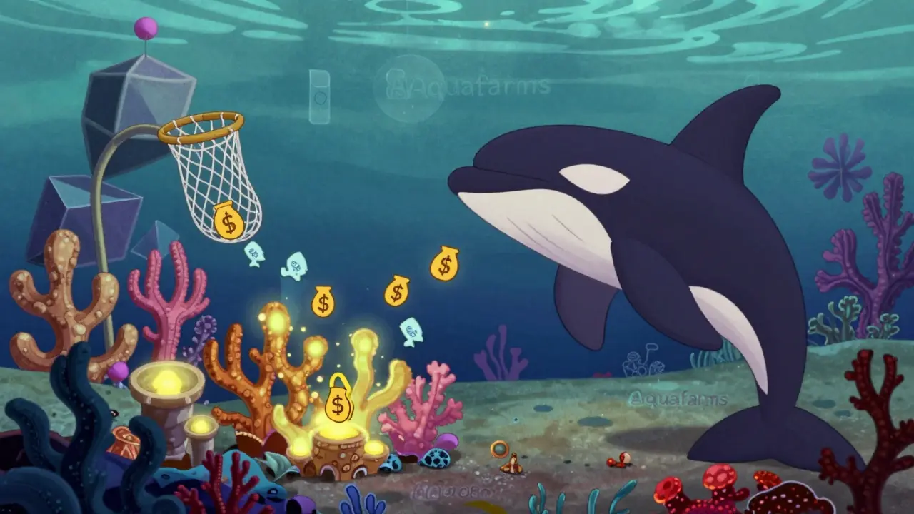 Illustration of an orca whale harvesting rewards from underwater crypto farms
