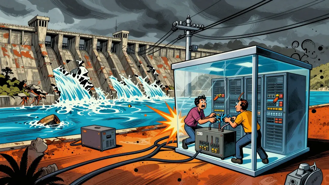 Illustration of miners using backup generators during power outage