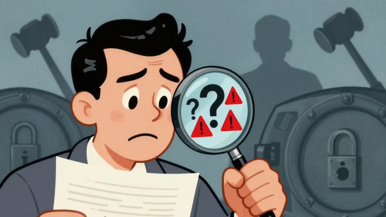 Investor examining hidden risks through a magnifying glass, vintage cartoon