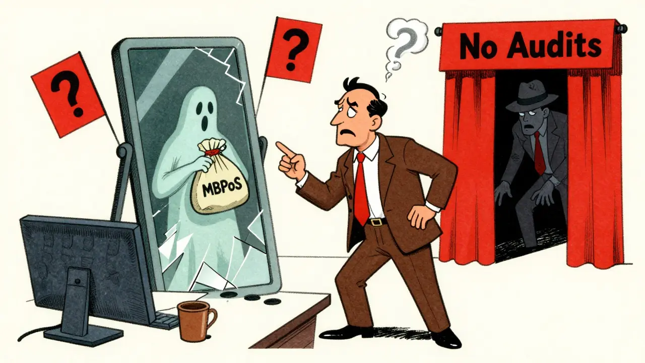 Investor facing ghostly MBPoS risks and red flags in retro illustration