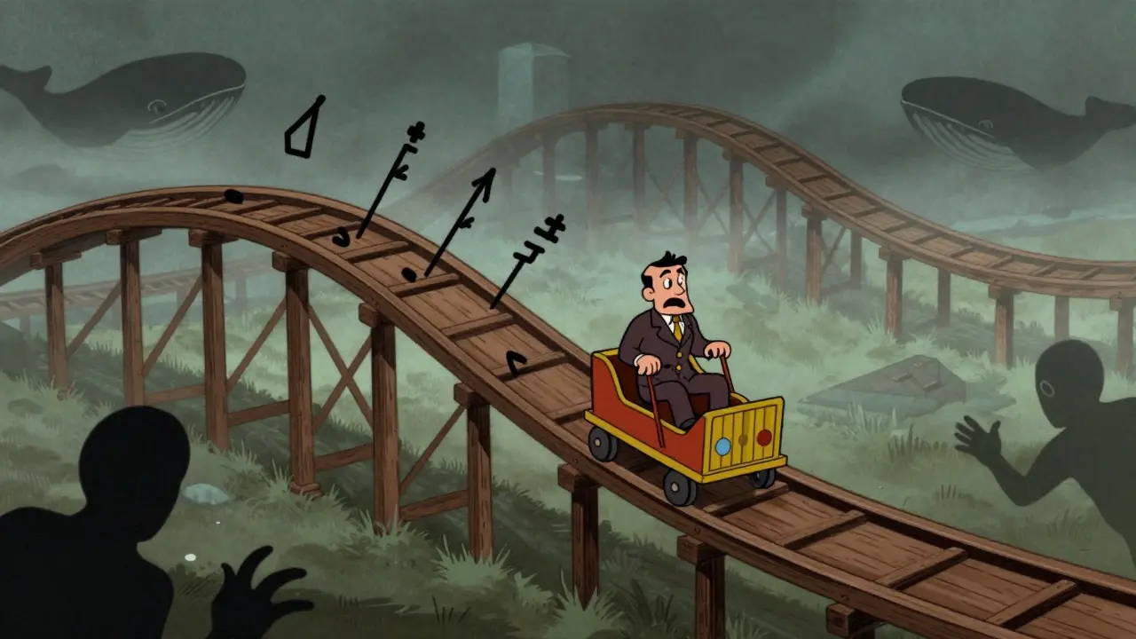 Investor on a crashing rollercoaster price chart