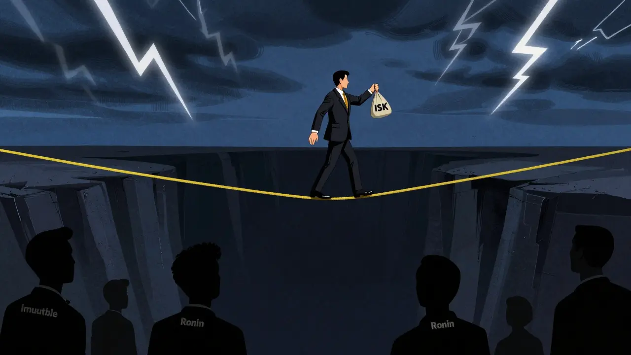Investor walking a tightrope over risks in vintage cartoon illustration style.