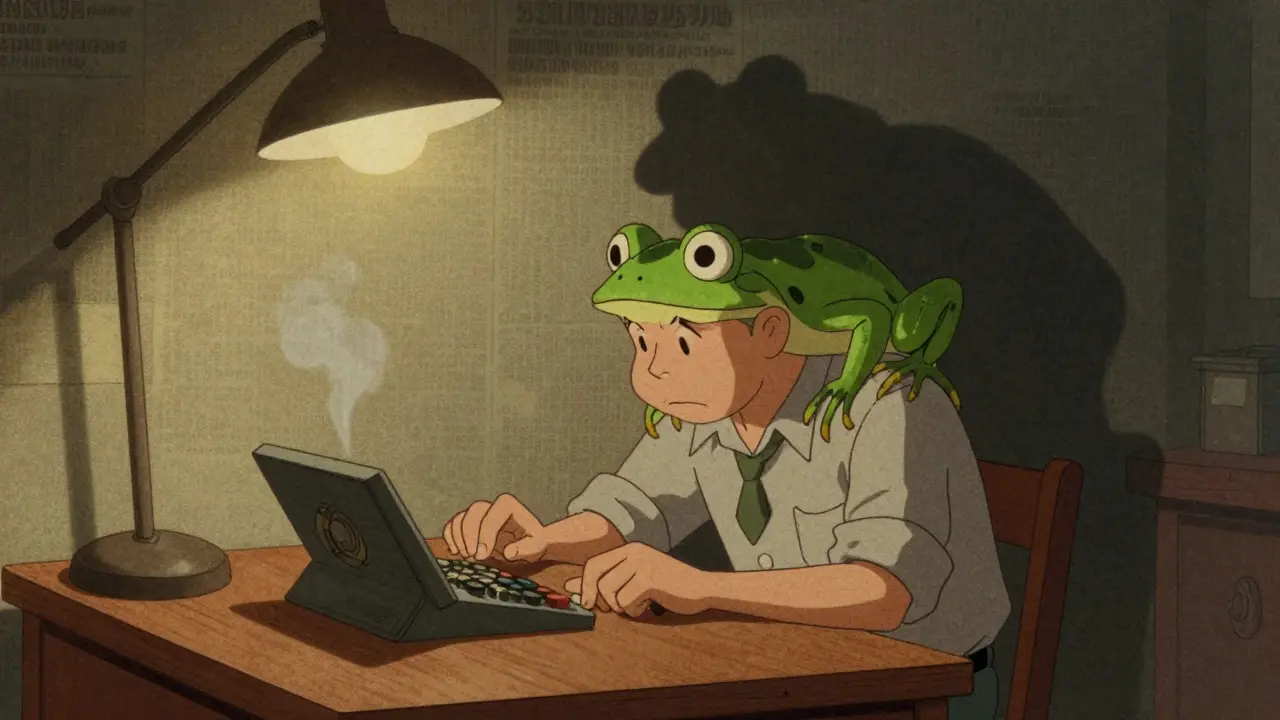 Noir-style vintage cartoon of a worried trader with a looming shadowy frog figure.