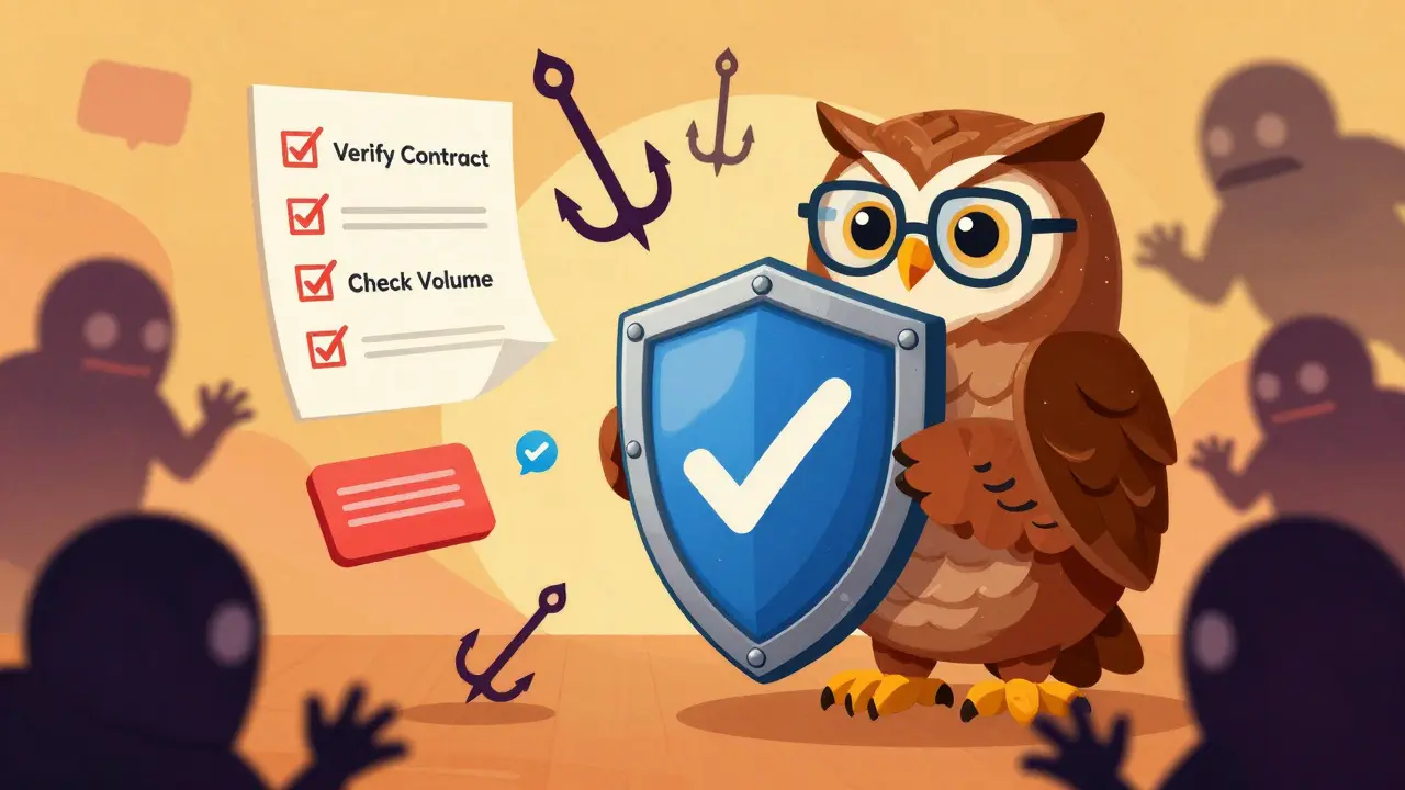 Owl blocking scam hooks with a blockchain shield in vintage cartoon art