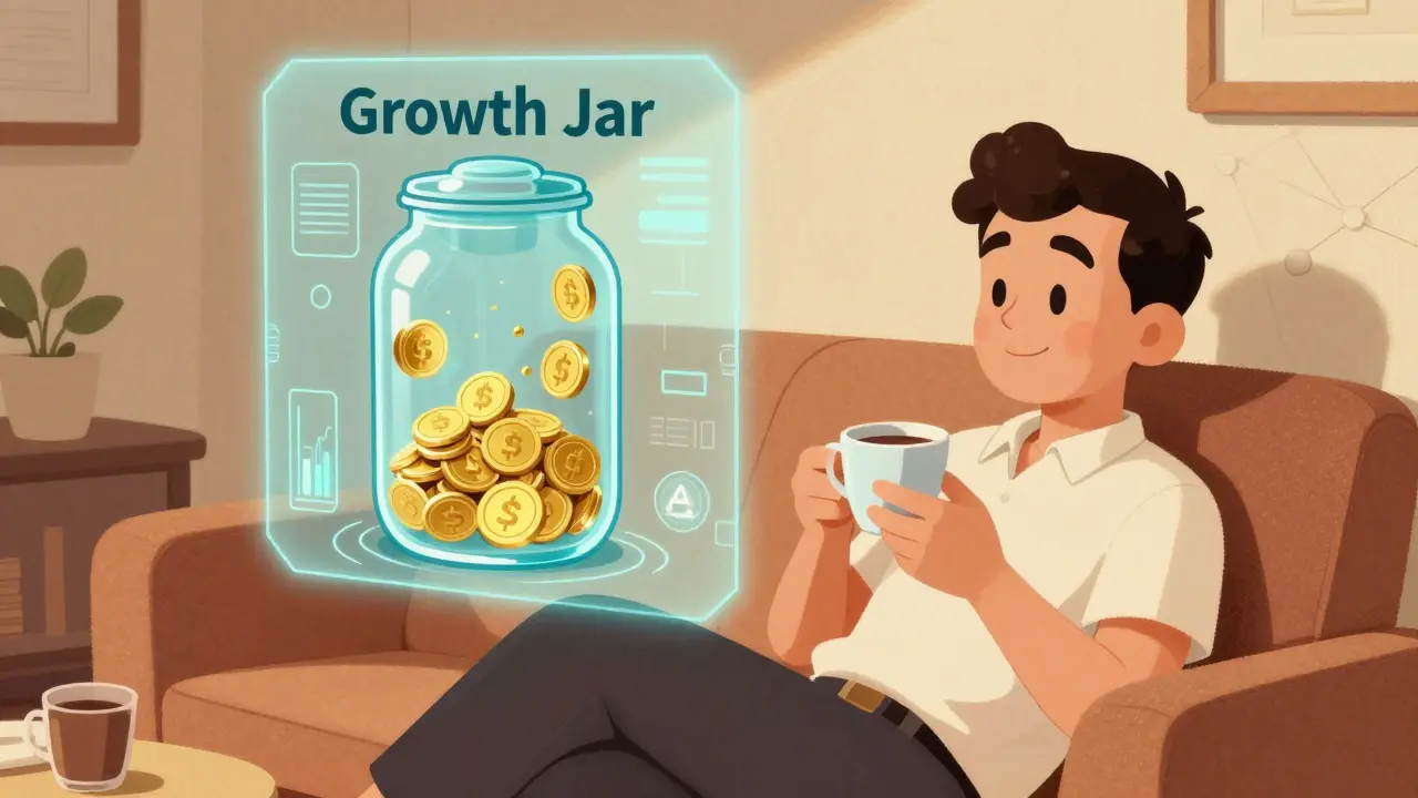 Retro character staking tokens in a glowing Growth Jar