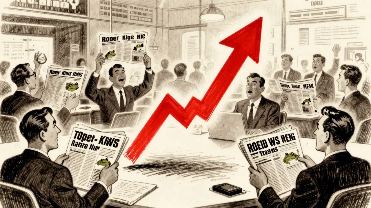 Retro illustration of a chaotic trading floor with rising market arrows and frog themes.