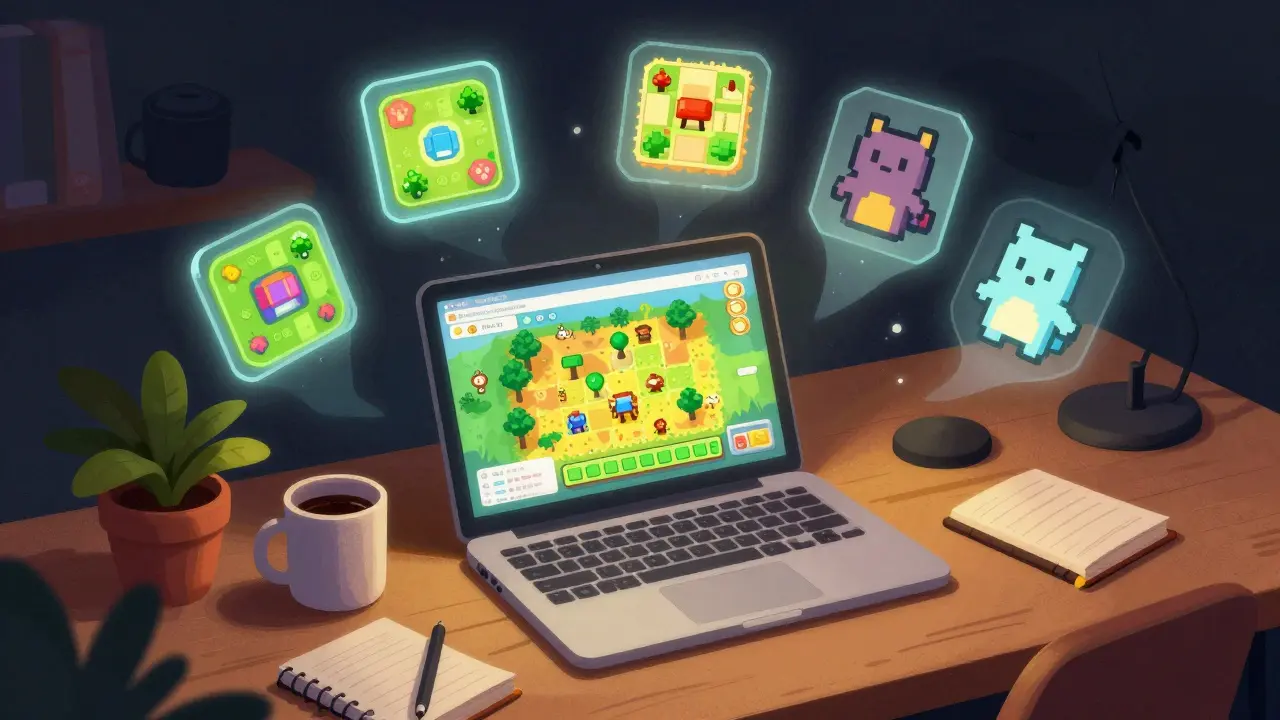 Retro illustration of a gamer's desk with floating NFT icons above a laptop screen.