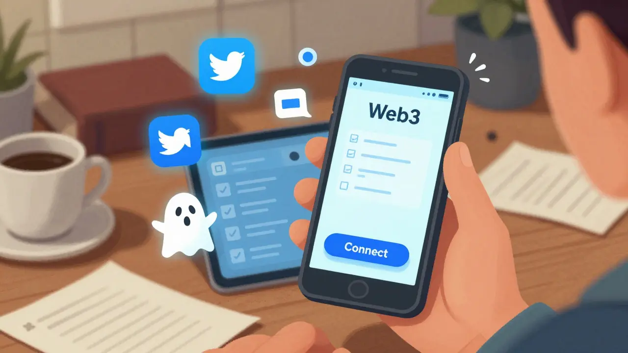 Retro illustration of connecting a wallet to claim rewards via social tasks.