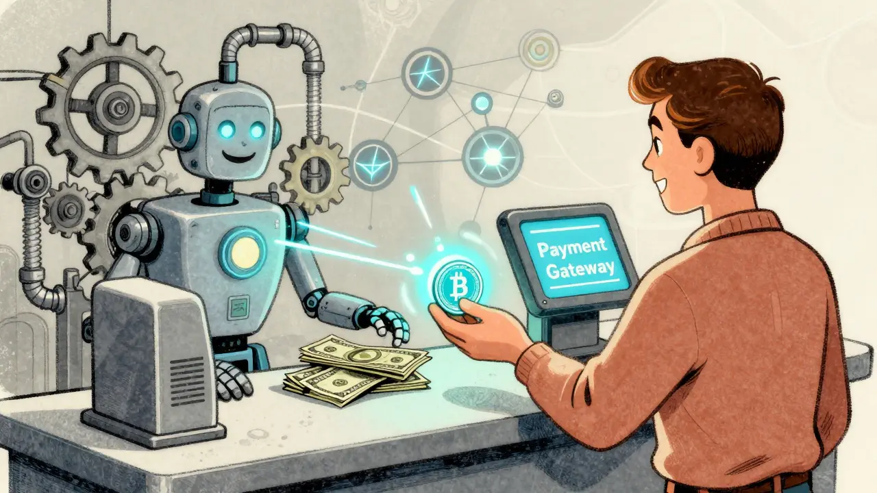 Retro illustration of robot converting crypto coins to cash at checkout
