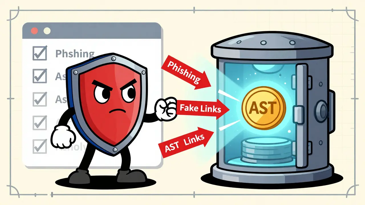 Shield guardian protecting digital wallet from phishing attacks in retro illustration